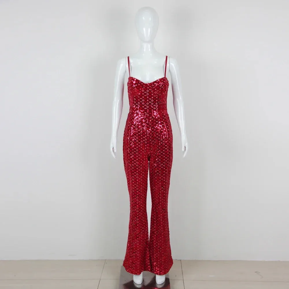 Women's Sexy Sleeveless Strap Shinning Sequins Bodycon Jumpsuit