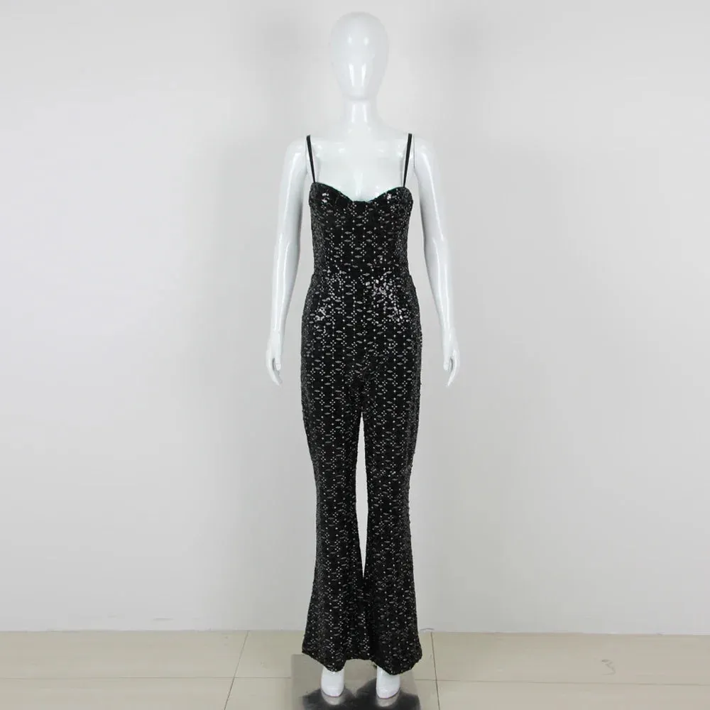 Women's Sexy Sleeveless Strap Shinning Sequins Bodycon Jumpsuit