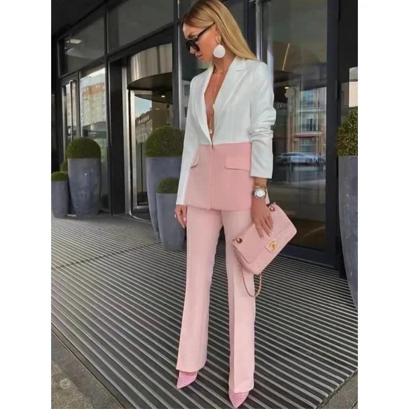 Women's Single Button Spliced Patchwork Blazer Flare Pants Two Piece Suit Set