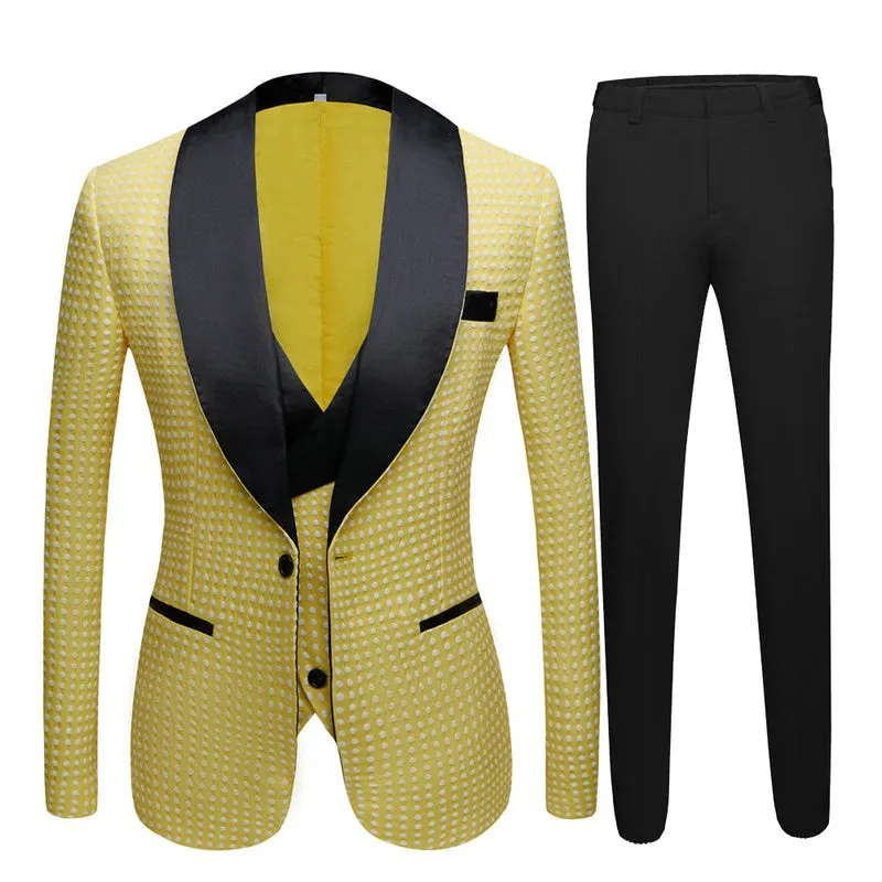 Yellow Black Slim Fit Blazer Vest Pants 3Pcs Groom Wedding Party Suit