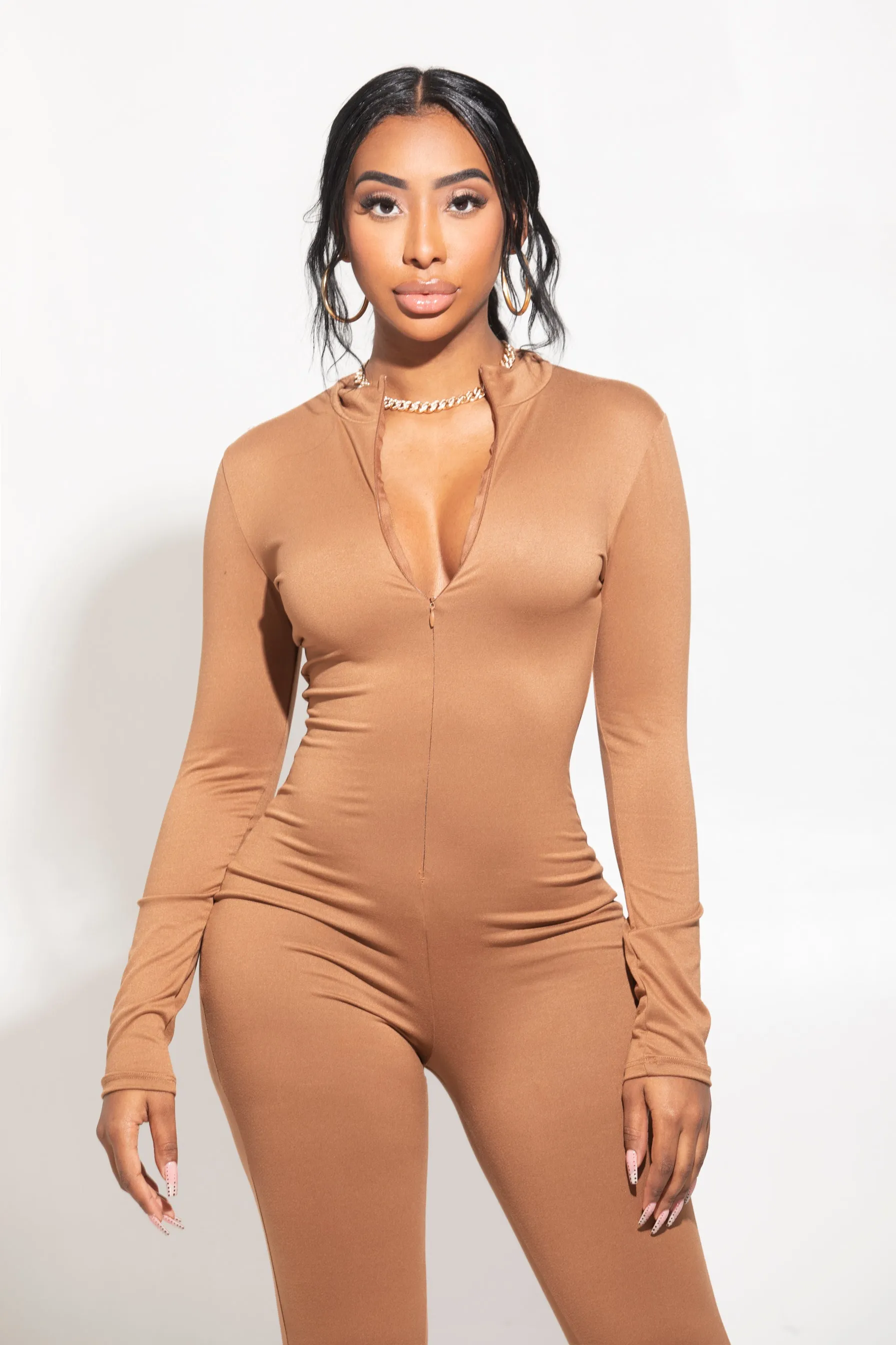 Zip Up full Length Jumpsuit Brown