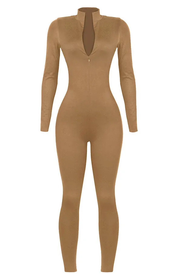 Zip Up full Length Jumpsuit Brown